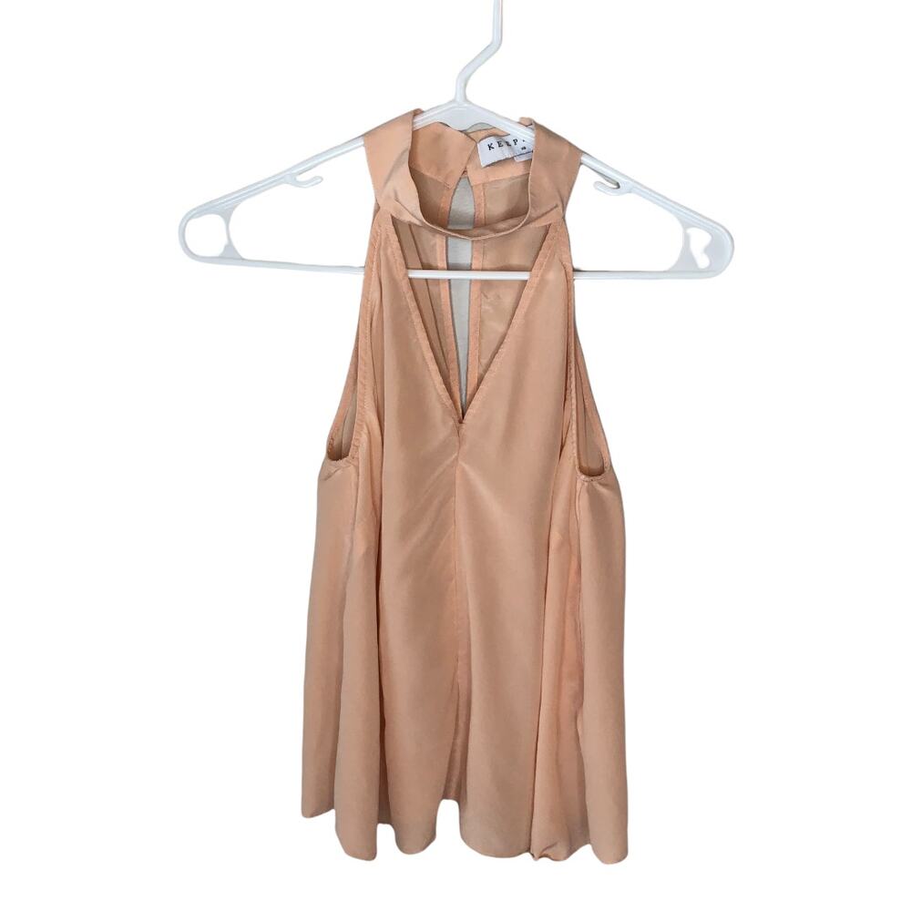 Keepsake the Label Sleeveless Light Blush Silk Top V Neck Halter Keyhole Back